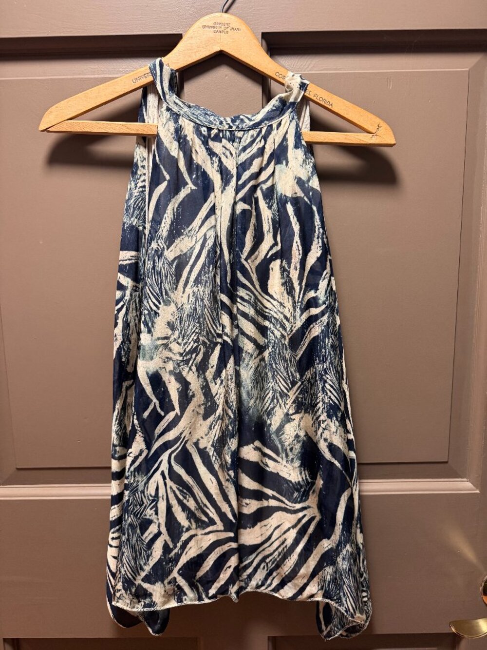 Navy Cream Abstract Print Halter Blouse Small